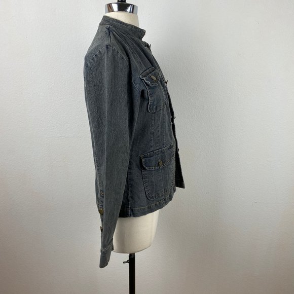 She's Cool Fitted Denim Jacket Pockets Mandarin Collar Button Front Dark Wash SM - Picture 10 of 11